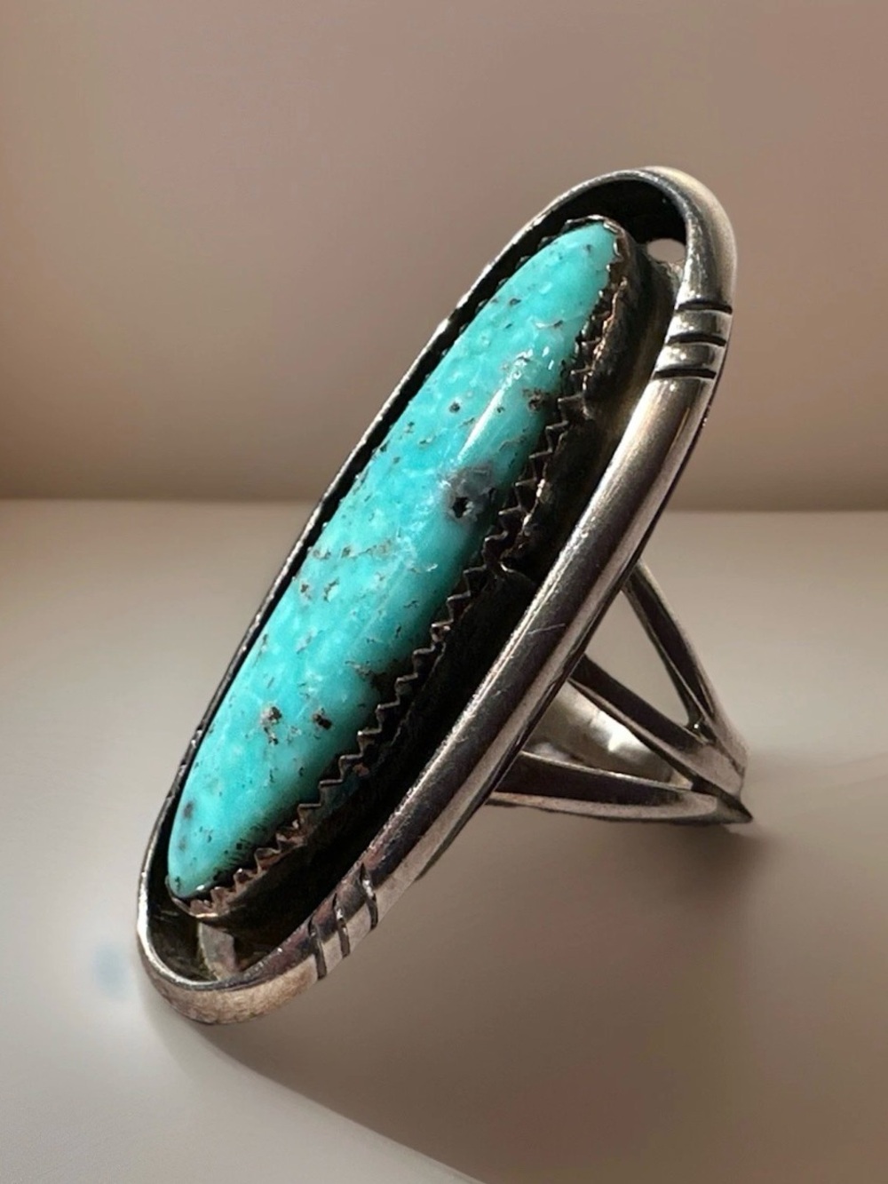 Amazing Navajo Elongated GORGEOUS Sterling Silver Turquoise Ring Size 7